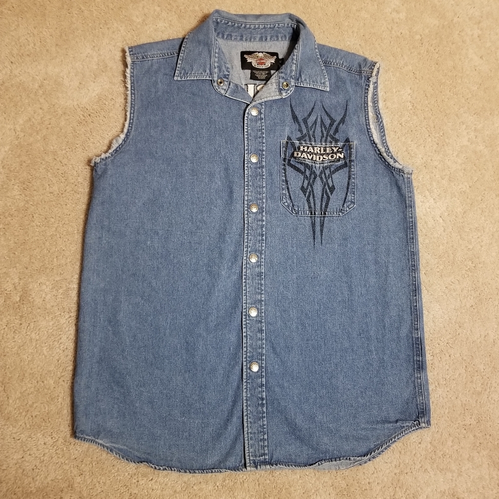 Harley-Davidson Mens Light Blue Denim Snap Button Vest